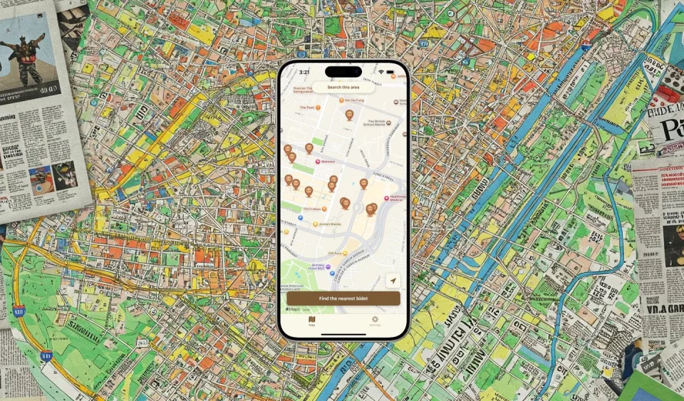 San Bidet iPhone map screen displayed over an illustrated city map and newspaper collage