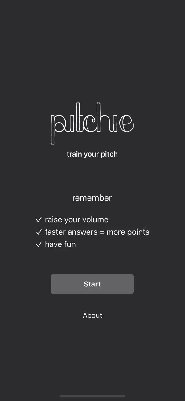 Pitchie start screen inviting the player to begin a pitch-recognition game