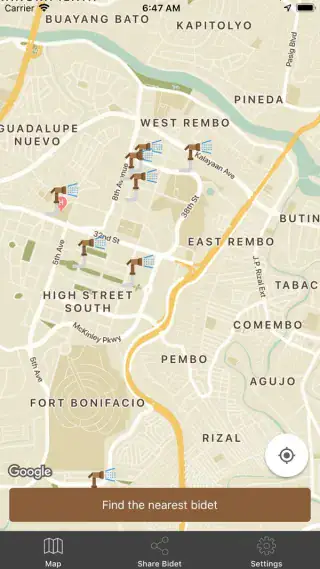 San Bidet map showing restroom and bidet locations in Metro Manila